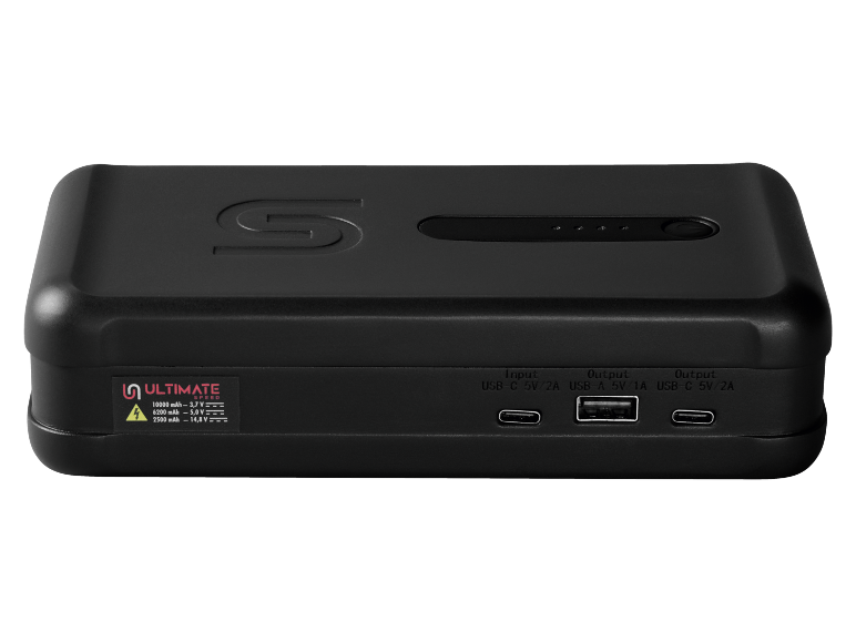 Черна външна батерия с USB-C и USB-A портове, 10000 mAh капацитет.