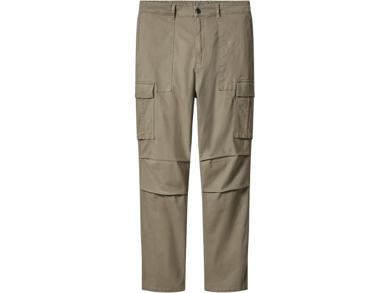 Каки карго панталони със странични джобове и детайли на панелите по крачолите.