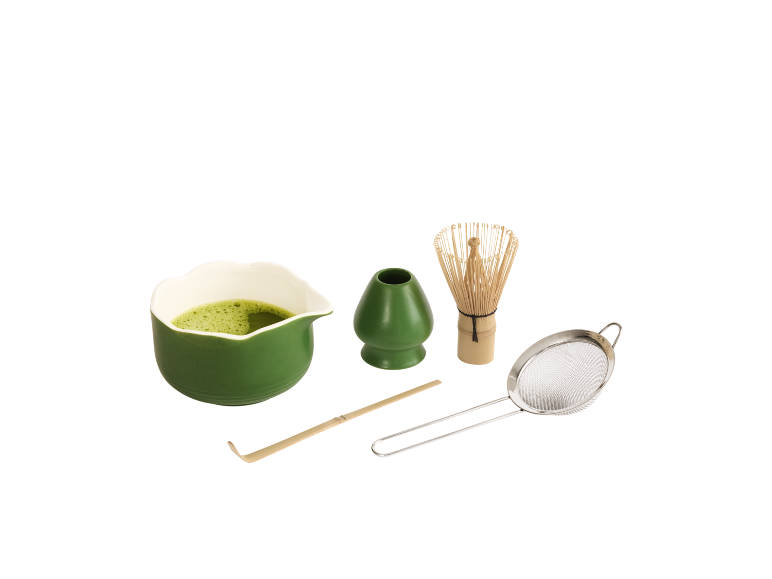 Зелен керамичен комплект за чай матча с бъркалка, поставка, лъжичка и цедка