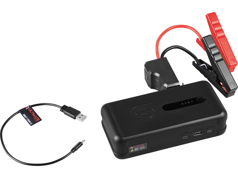 Черен стартер с кабели за стартиране и USB кабел за зареждане.