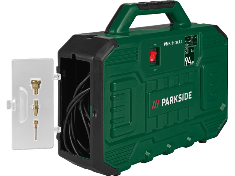 Зелен компресор с аксесоари и надпис PMK 1100 A1 и 94 dB.