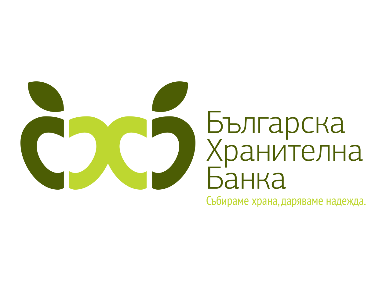 Лого на Българска Хранителна Банка с ябълки и текст: „Събираме храна, даряваме надежда.“