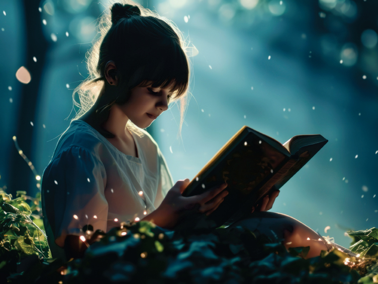 Момиченце чете книга в гората.
