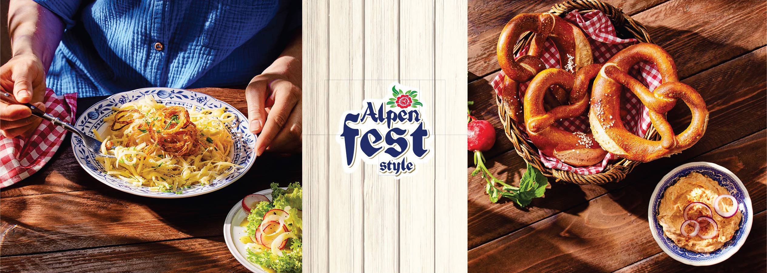 Човек яде паста, а на масата има гевреци и дип, с логото „Alpen Fest style“.