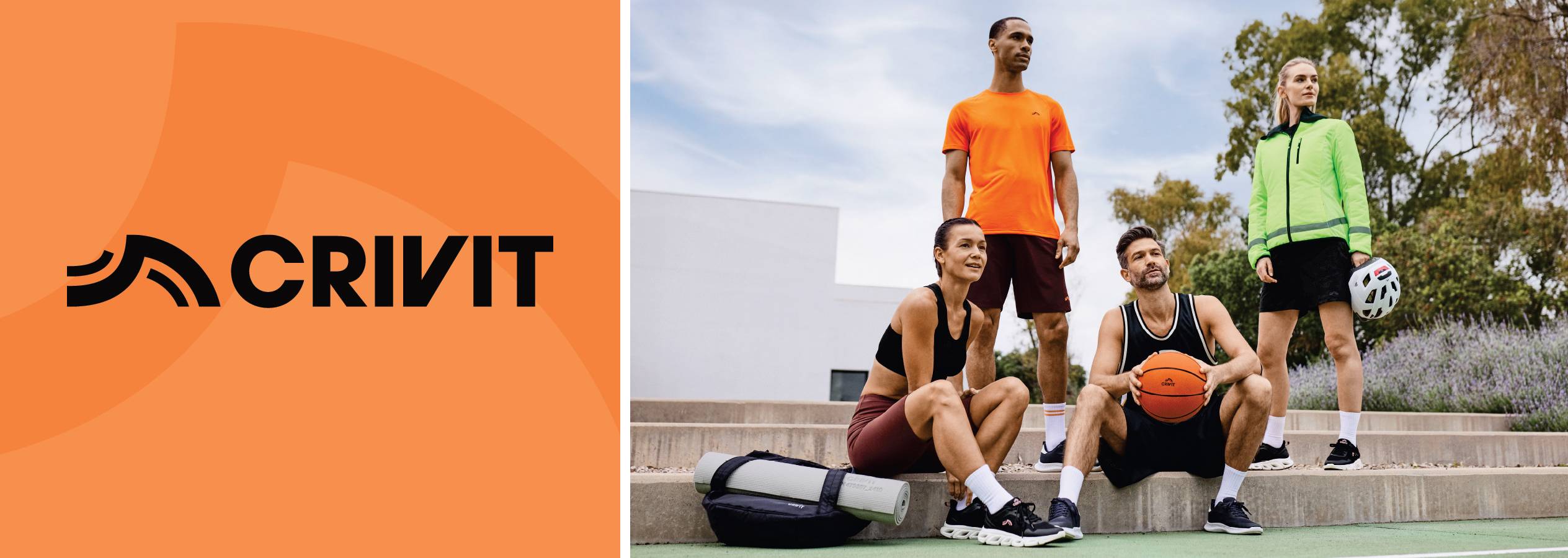 Спортно облекло Crivit: тениски, шорти, спортни обувки и аксесоари.