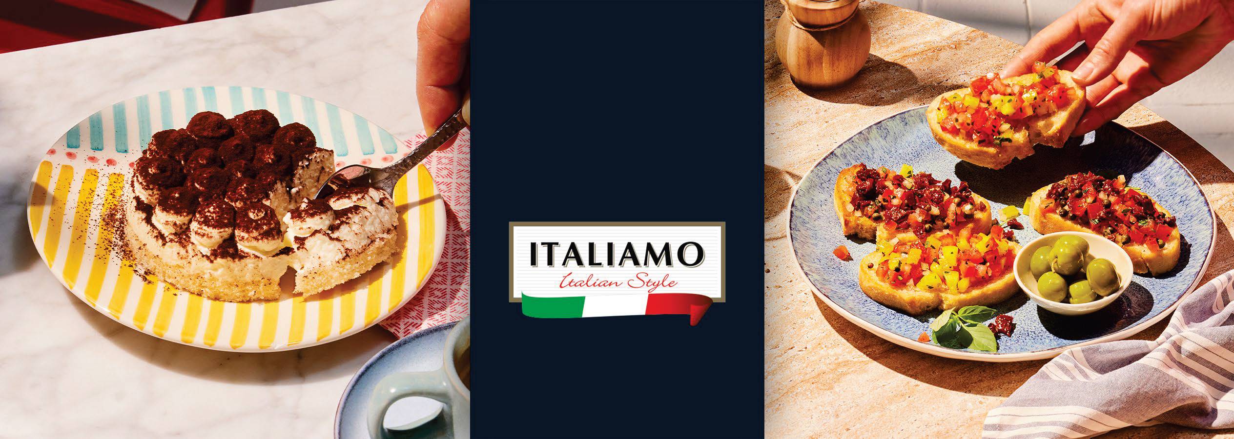 Десерт тирамису и брускети с домати и маслини, с лого „ITALIAMO Italian Style“.
