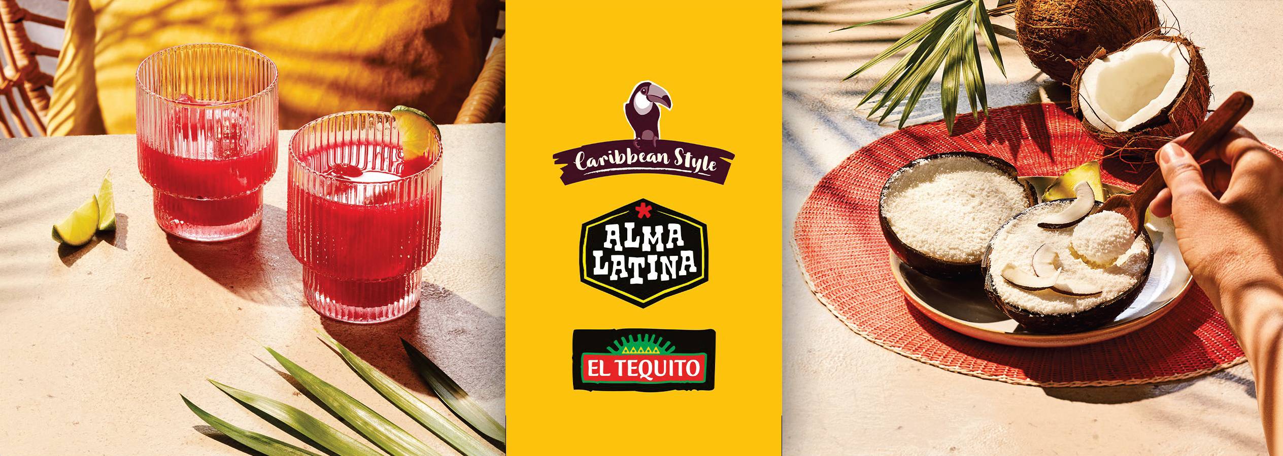 Карибски напитки и кокосови десерти с лога на Caribbean Style, Alma Latina и El Tequito.