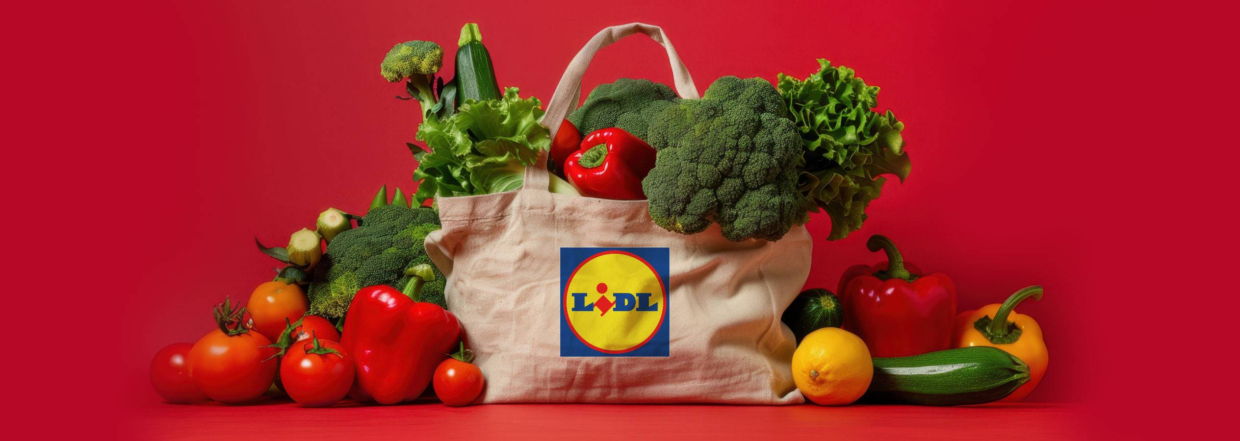 Пълна торба за пазаруване Lidl с пресни зеленчуци и плодове на червен фон.