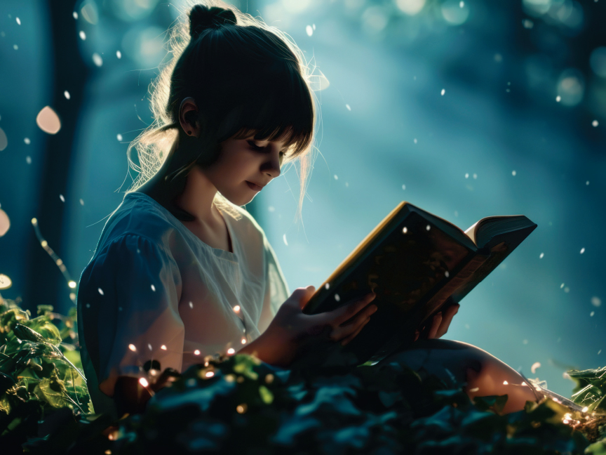 Младо момиче чете книга на открито, заобиколено от зеленина и магически светлини.