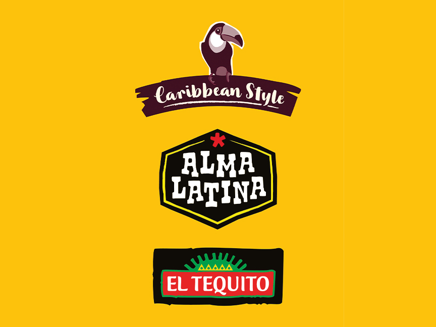 Логота на марките 'Caribbean Style', 'Alma Latina' и 'El Tequito' на жълт фон.