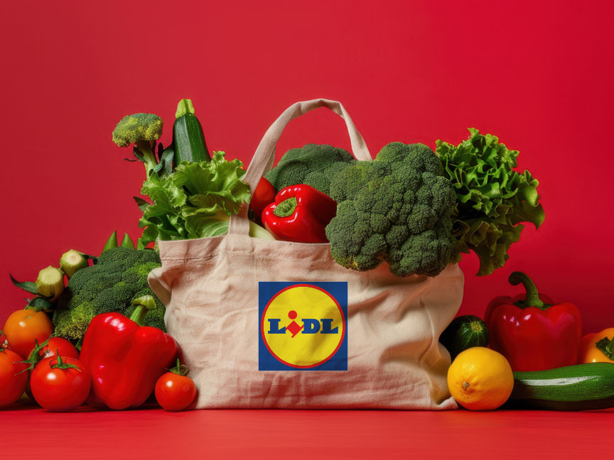 Пълна торба за пазаруване Lidl с пресни зеленчуци.
