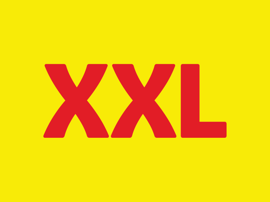 Логото на XXL в червено на жълт фон.