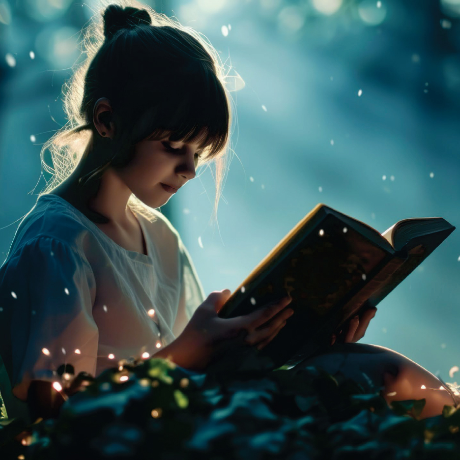 Момиче чете книга на открито, заобиколено от магически светлини.