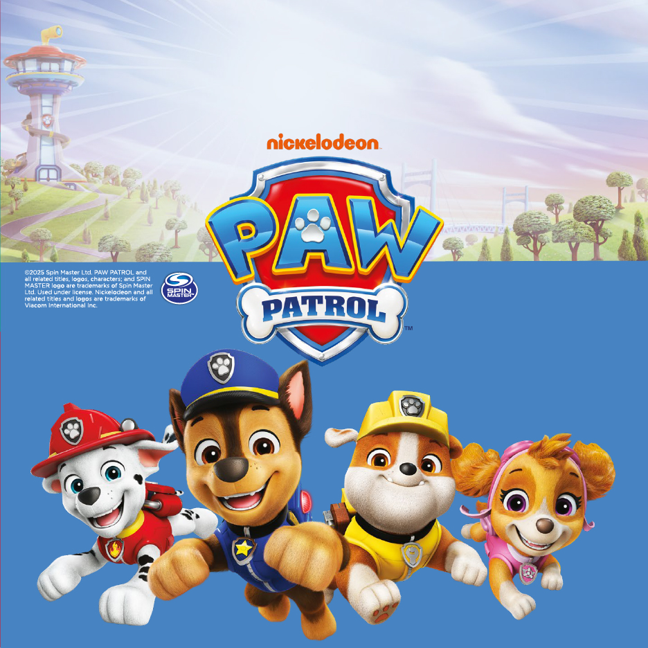 Четири кученца от Paw Patrol, включително Чейс, Маршал, Ръбъл и Скай, на син фон с логото на Nickelodeon.