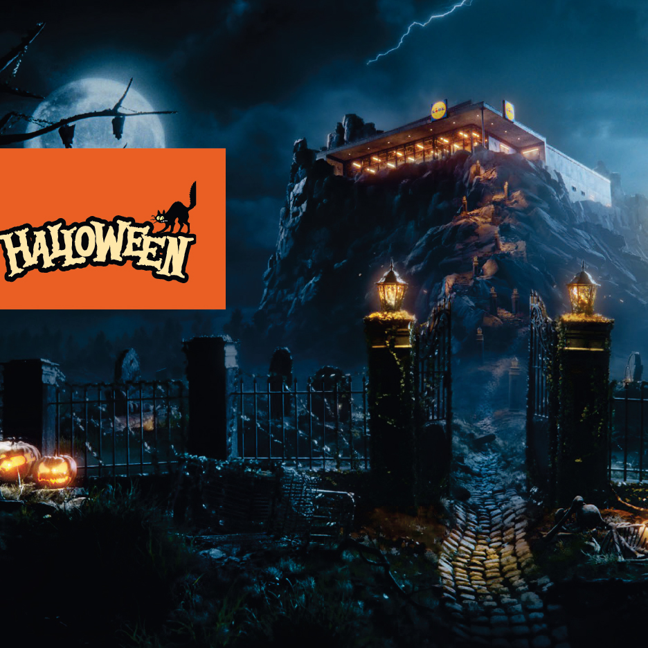 Lidl магазин на скала, осветени порти, тикви и надпис 'HALLOWEEN' с черна котка.