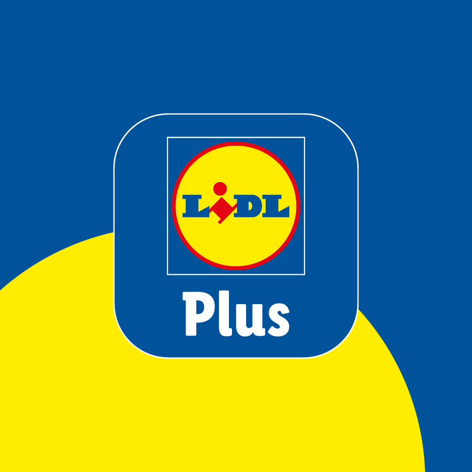 Логото на Lidl Plus на син фон с жълти извити елементи.