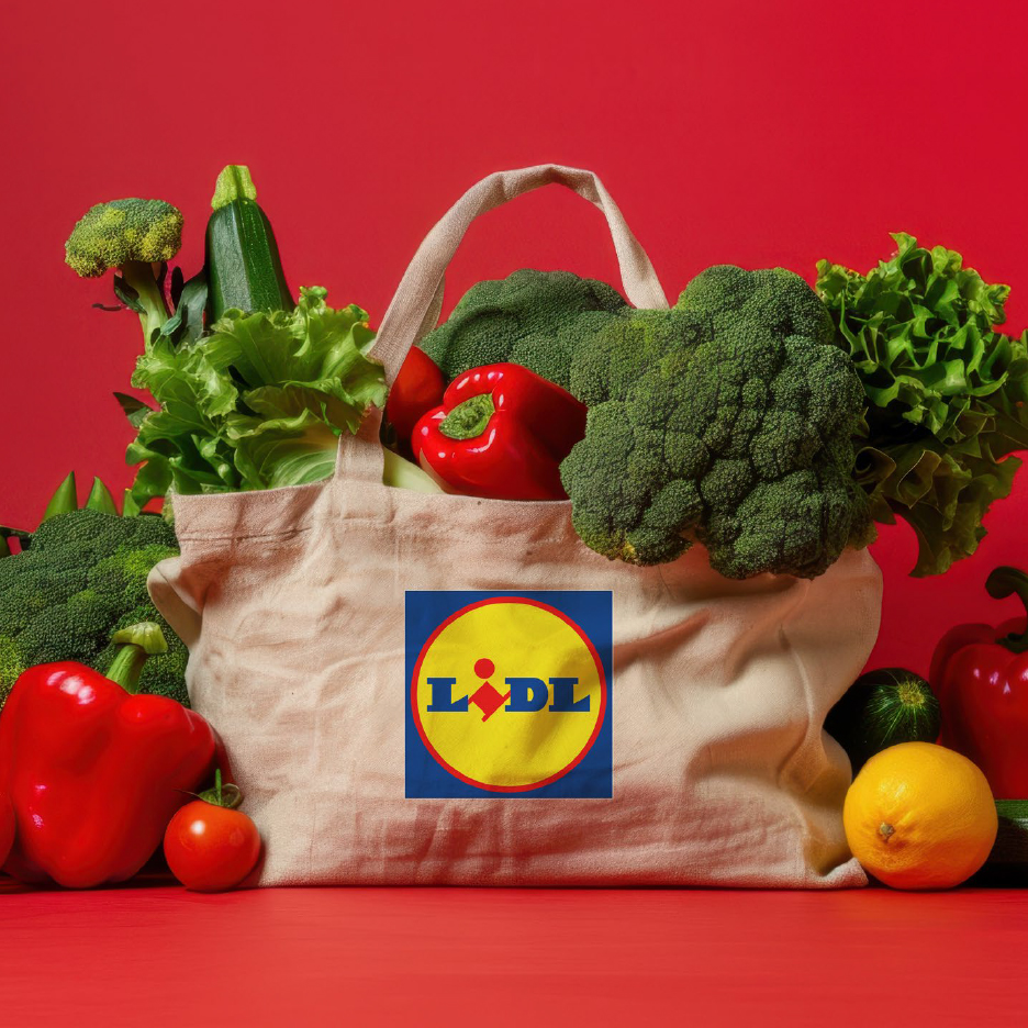 Торба за многократна употреба на Lidl, пълна със свежи зеленчуци като броколи, чушки и маруля, на червен фон.
