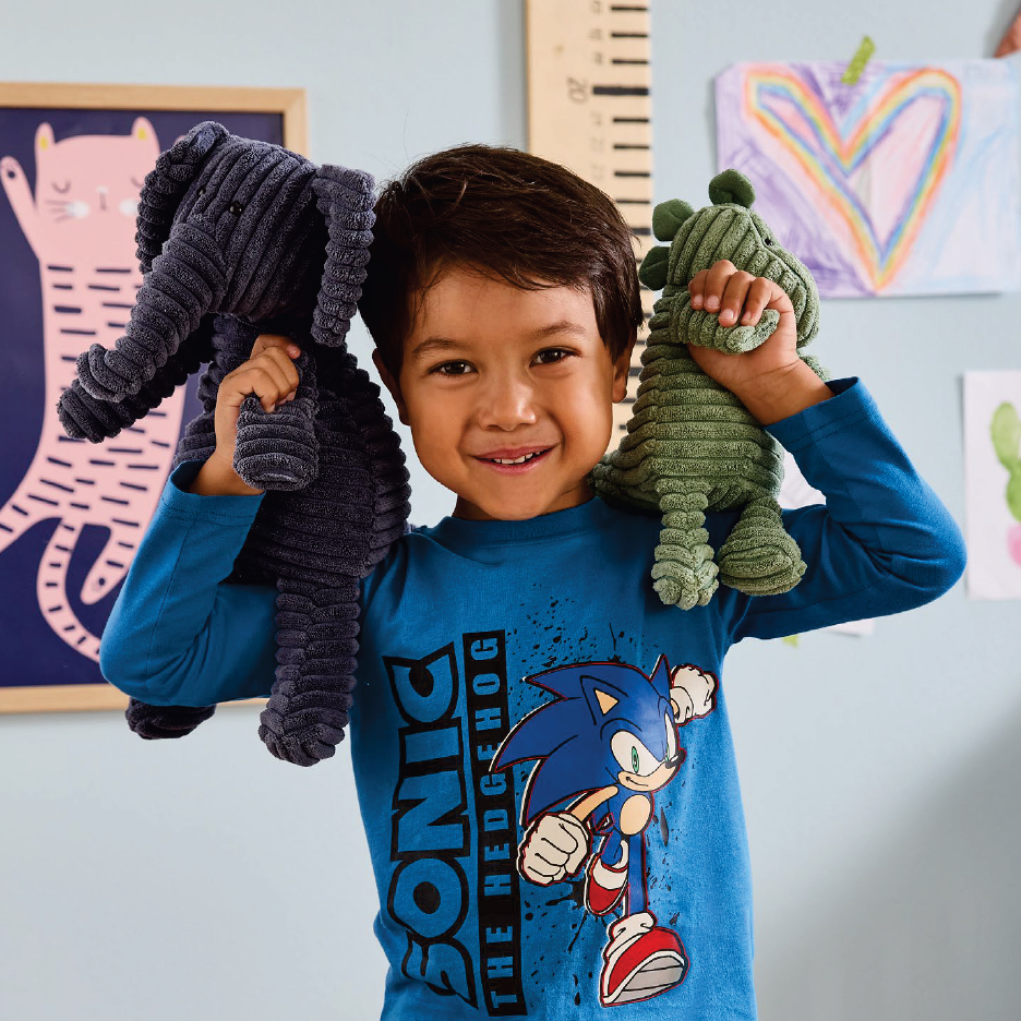 Усмихнато момче в синя тениска със Соник, държащо плюшени играчки слон и динозавър.
