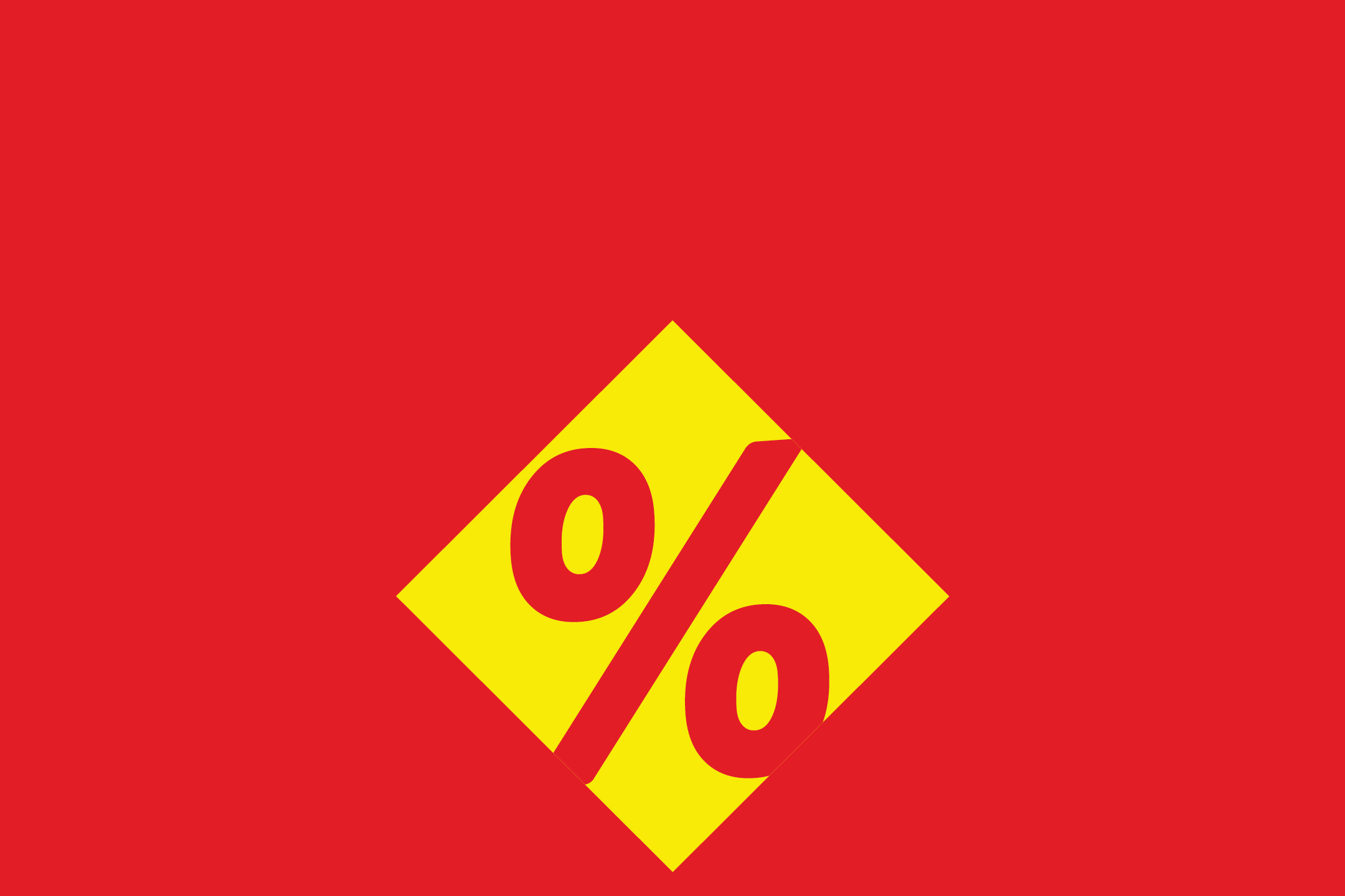 Червен фон с жълт ромб, съдържащ червен символ за процент.