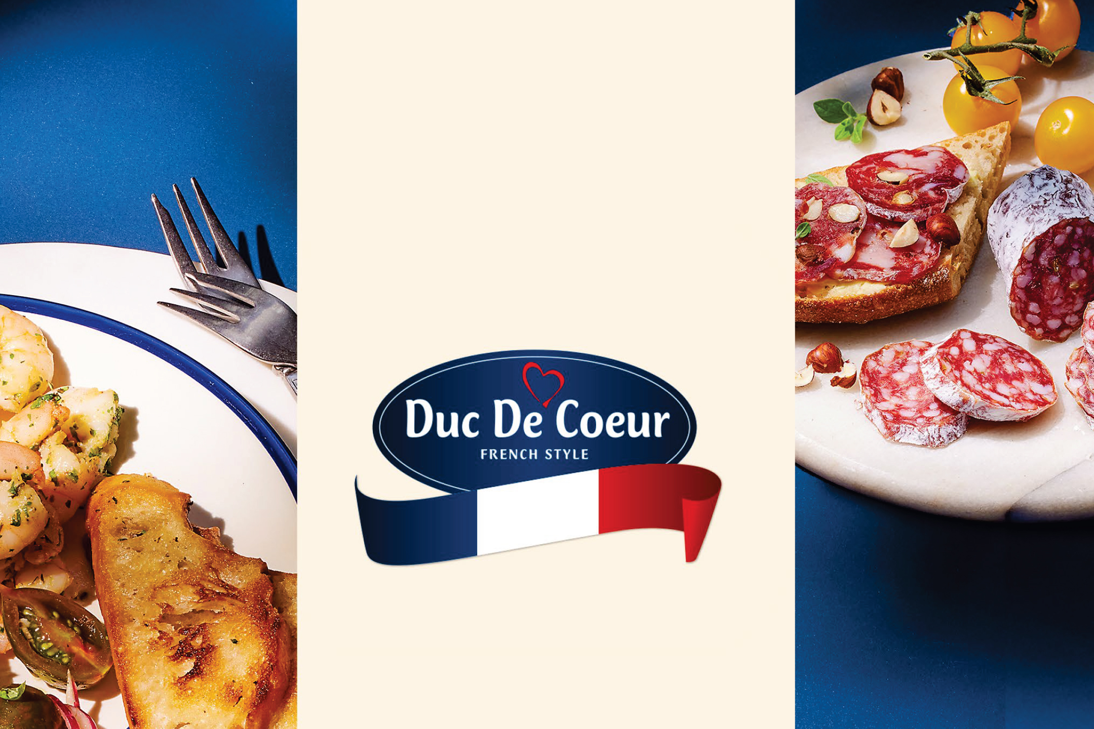 Френски деликатеси и морски дарове, с лого „Duc De Coeur French Style“ и френско знаме.