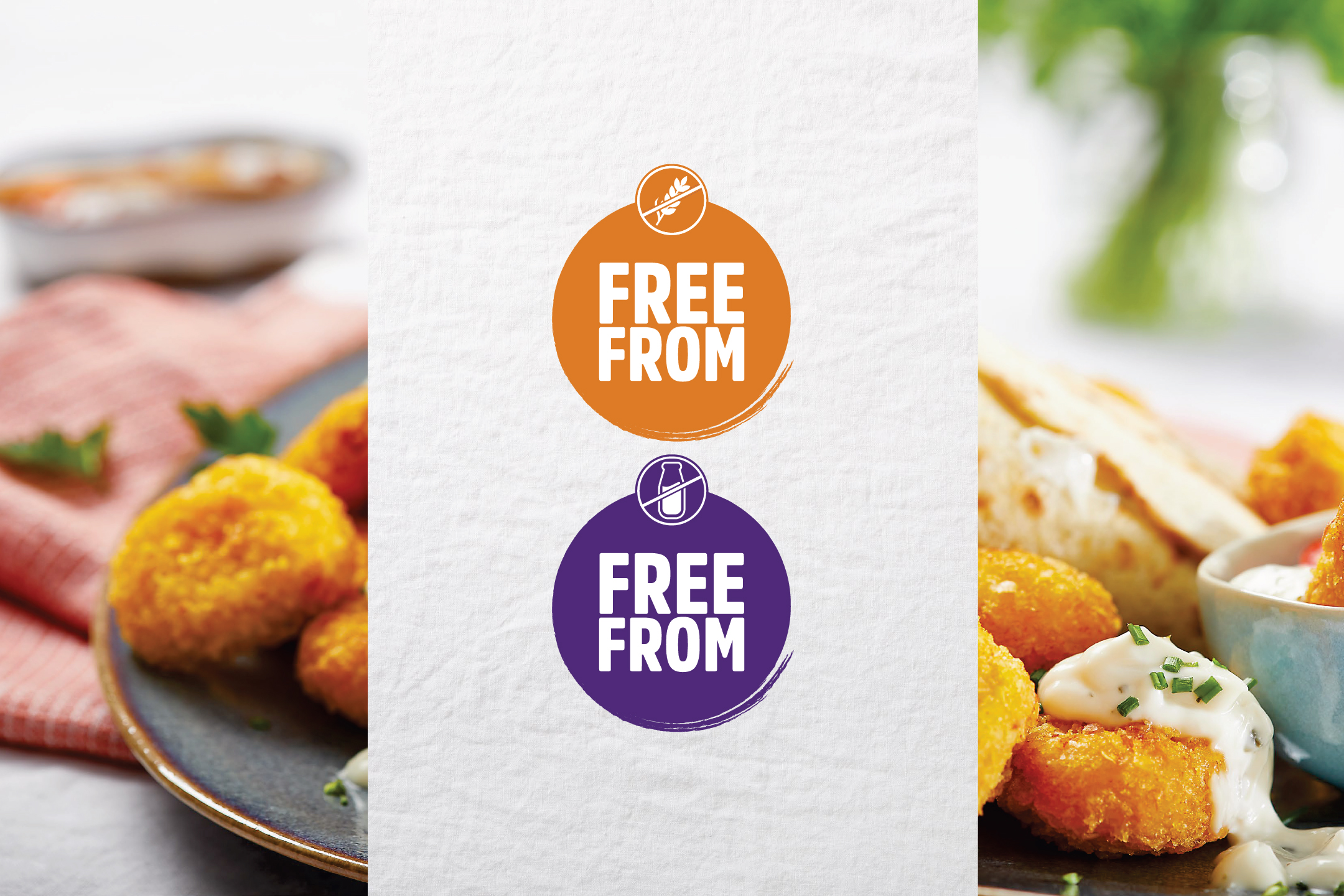 Хрупкави хапки с дип, с етикети „без глутен“ и „без лактоза“.