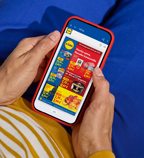 Човек разглежда онлайн брошура на Lidl с намаления на хранителни продукти и други стоки.