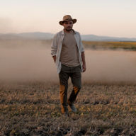 Мъж с шапка върви през поле.