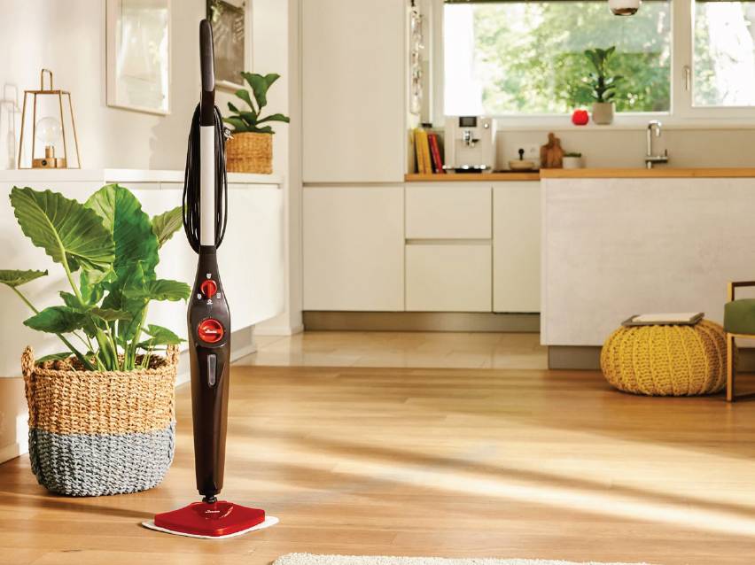 Парочистачка в кухня с дървен под и стайни растения.