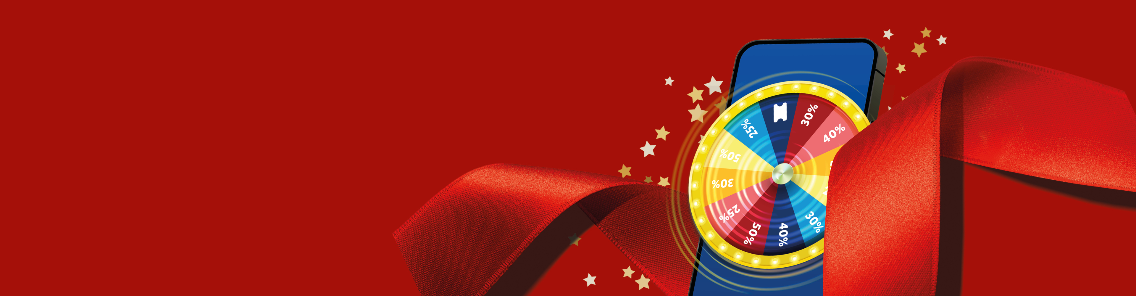 Мобилен телефон с колело на късмета, предлагащо отстъпки от 25% до 50%, на червен фон с панделка и звезди.