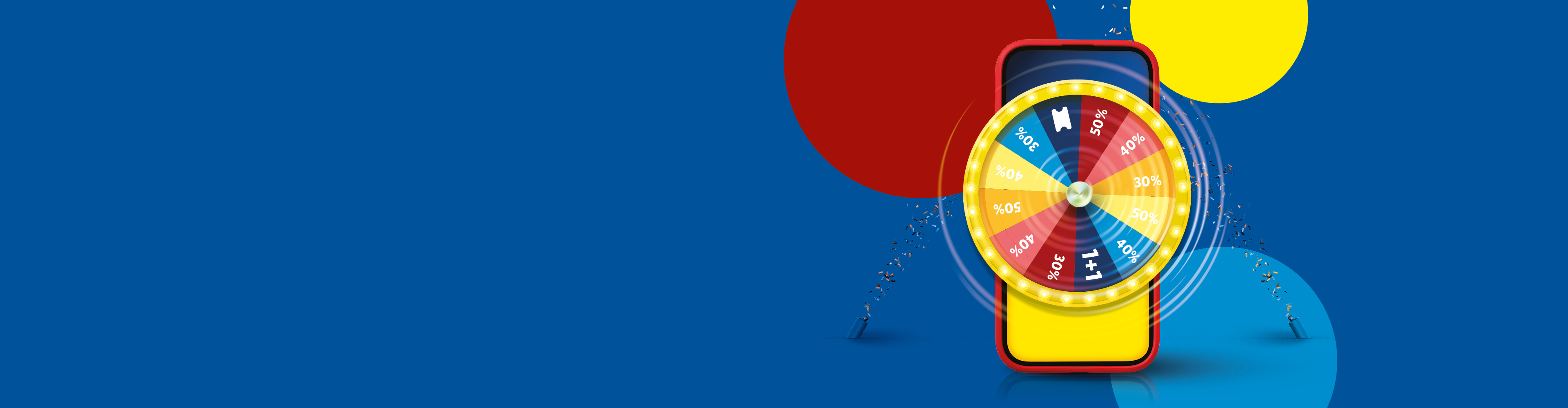 Мобилен телефон с колело на късмета, предлагащо отстъпки от 30%, 40%, 50% и 1+1 промоция.