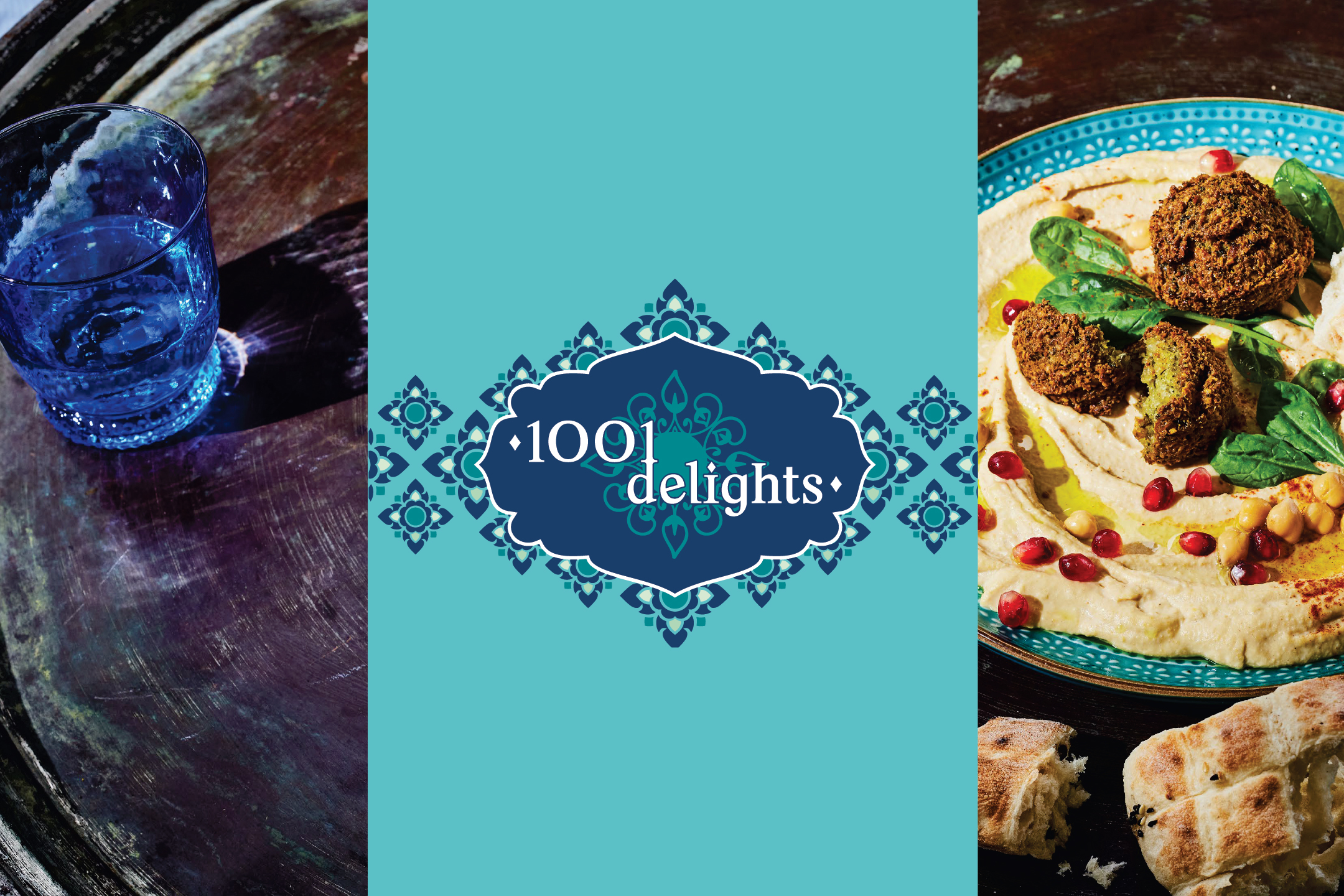 Хумус с фалафел и нар, пита хляб и чаша вода, с надпис „1001 delights“.