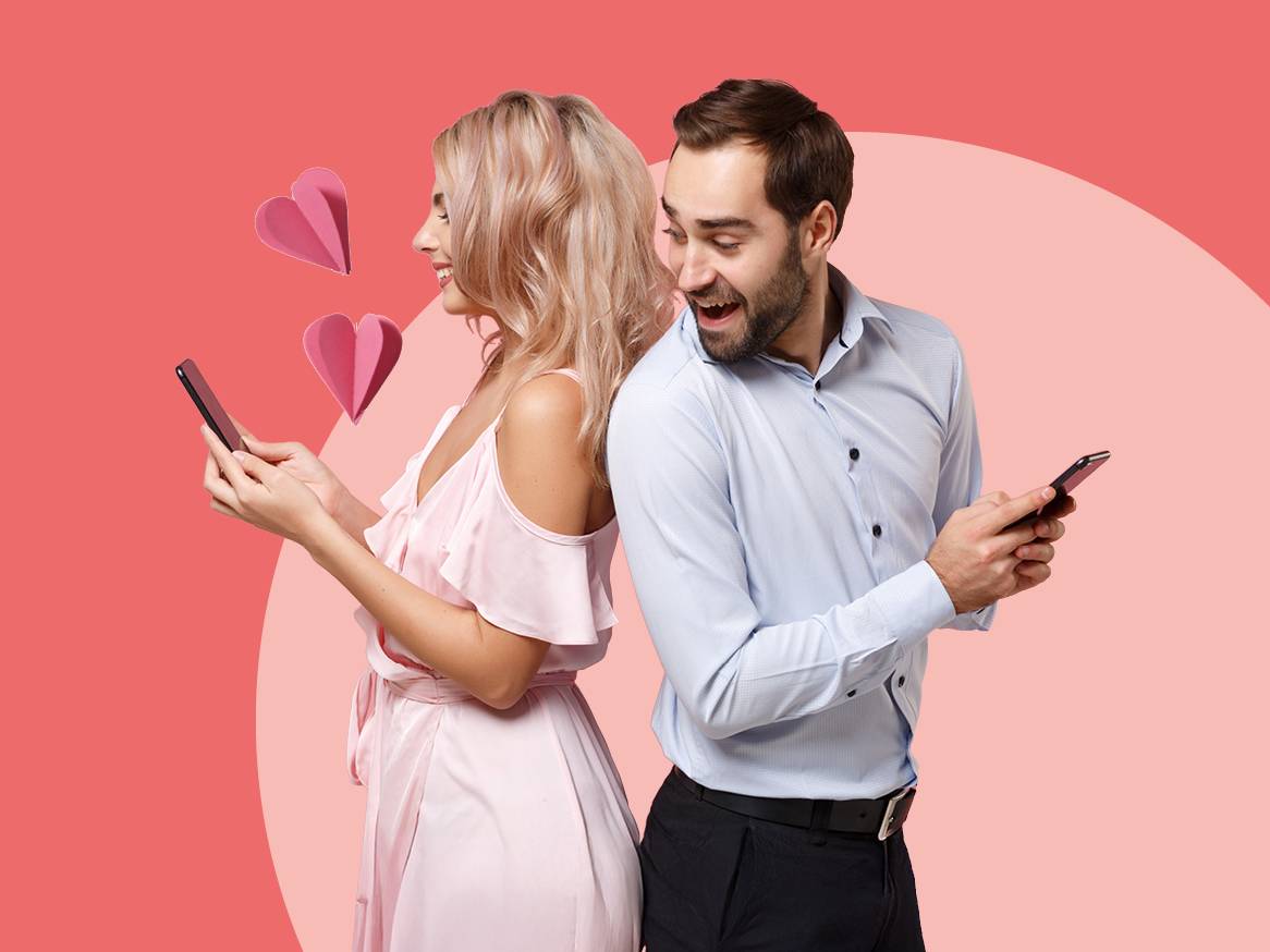 Мъж и жена, които си пишат съобщения на телефоните, с розови сърца на заден план.