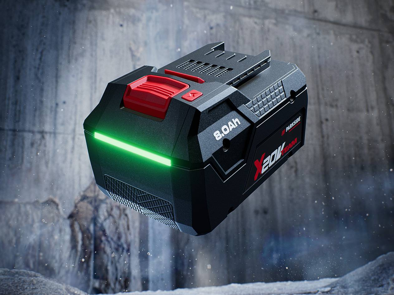 Батерия Parkside X 20V Team 8.0Ah с яркозелен индикатор за зареждане.