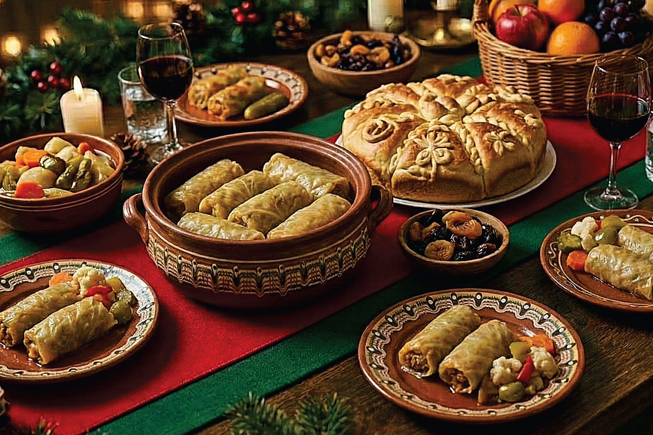 Празнична трапеза с пълнени зелеви сарми, хляб, вино и плодове.