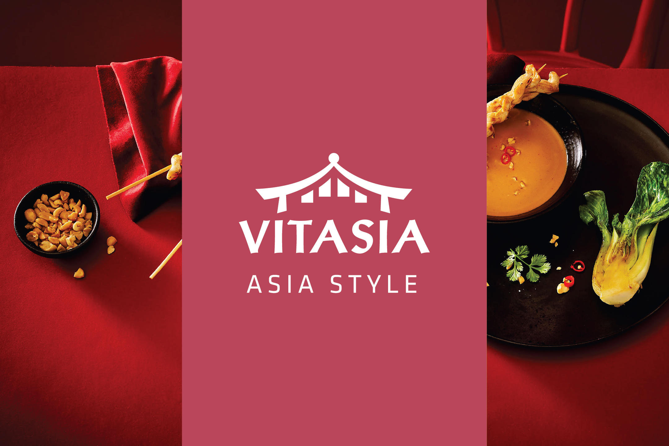 Азиатски ястия с фъстъци, сос и зеленчуци, с надпис „ASIA STYLE“.