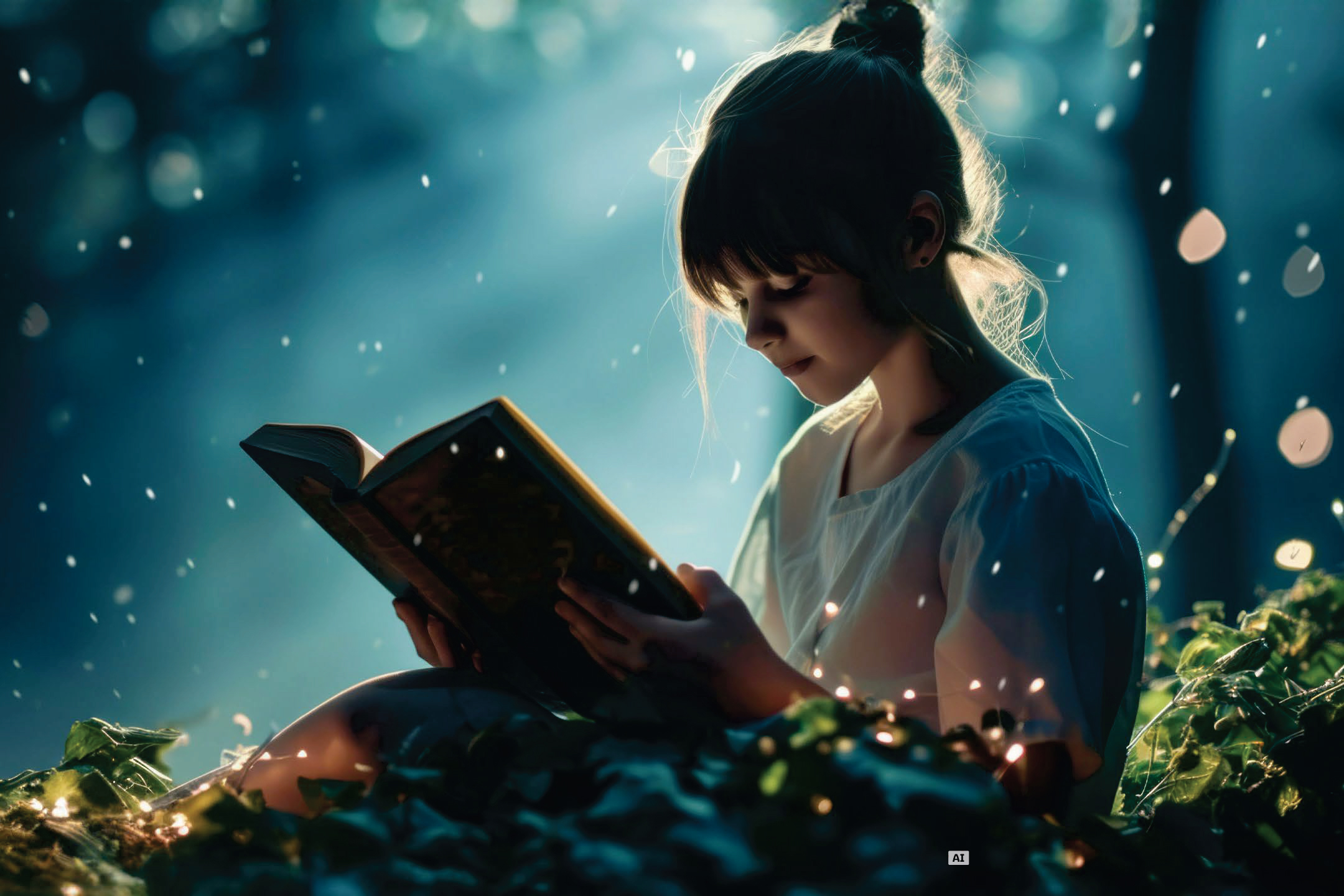 Момиче чете книга сред светещи частици в тъмна, магическа гора.