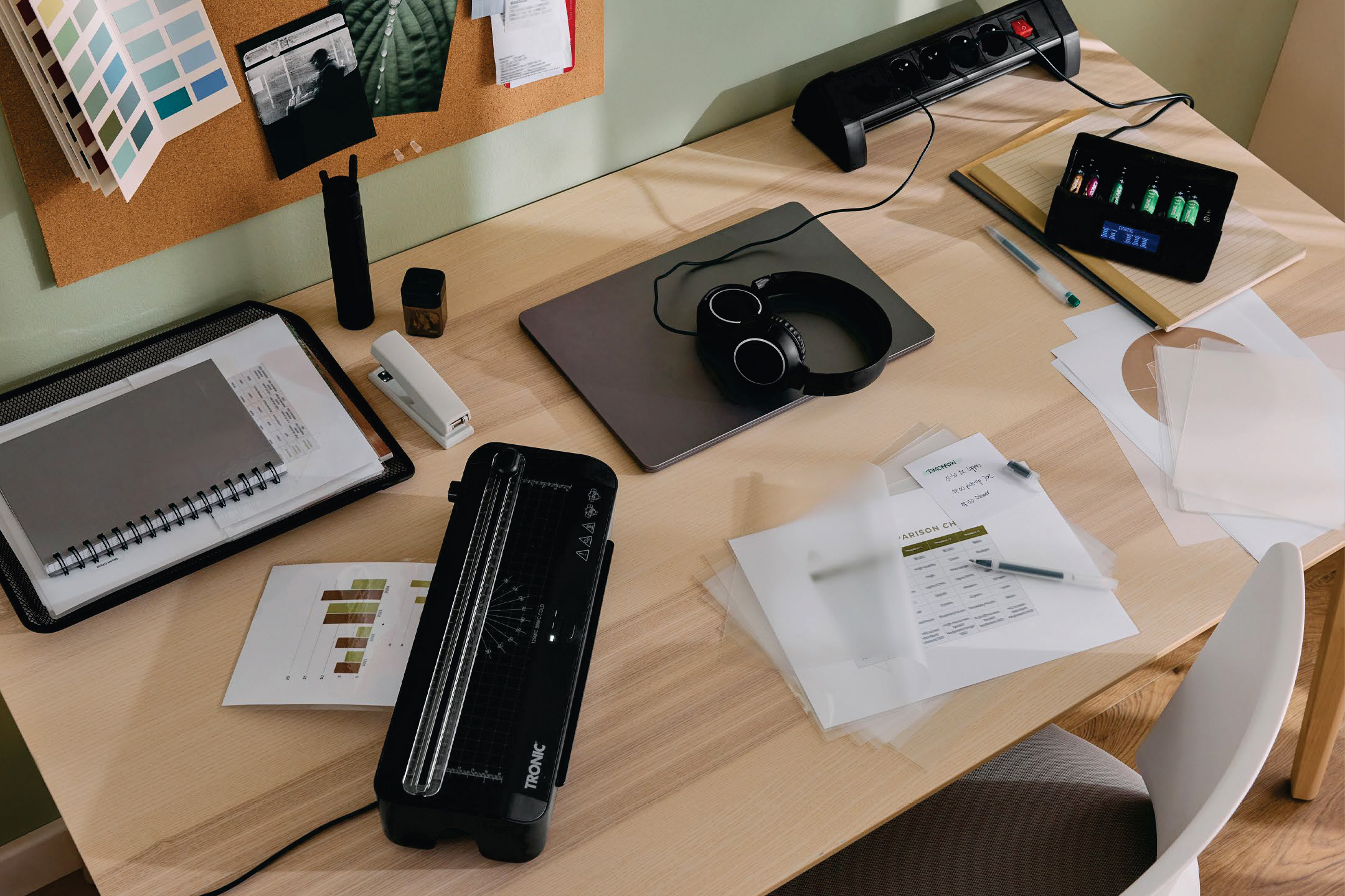 Офис бюро с ламинатор Tronic, лаптоп, слушалки и други канцеларски материали.