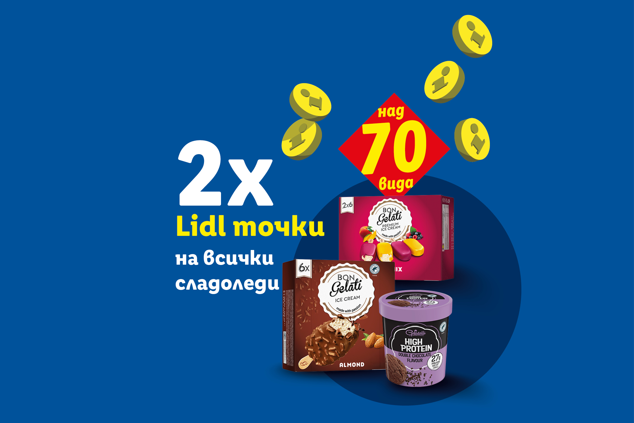 Промоция на сладоледи с 2x Lidl точки и над 70 вида, включително протеинов сладолед.