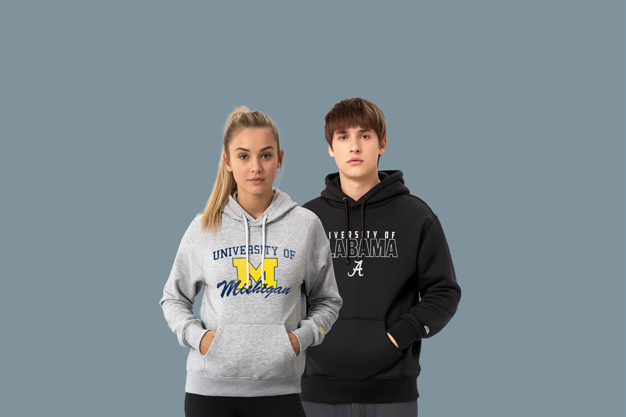 Мъжки и дамски суитшърти с качулки на университетите Мичиган и Алабама.