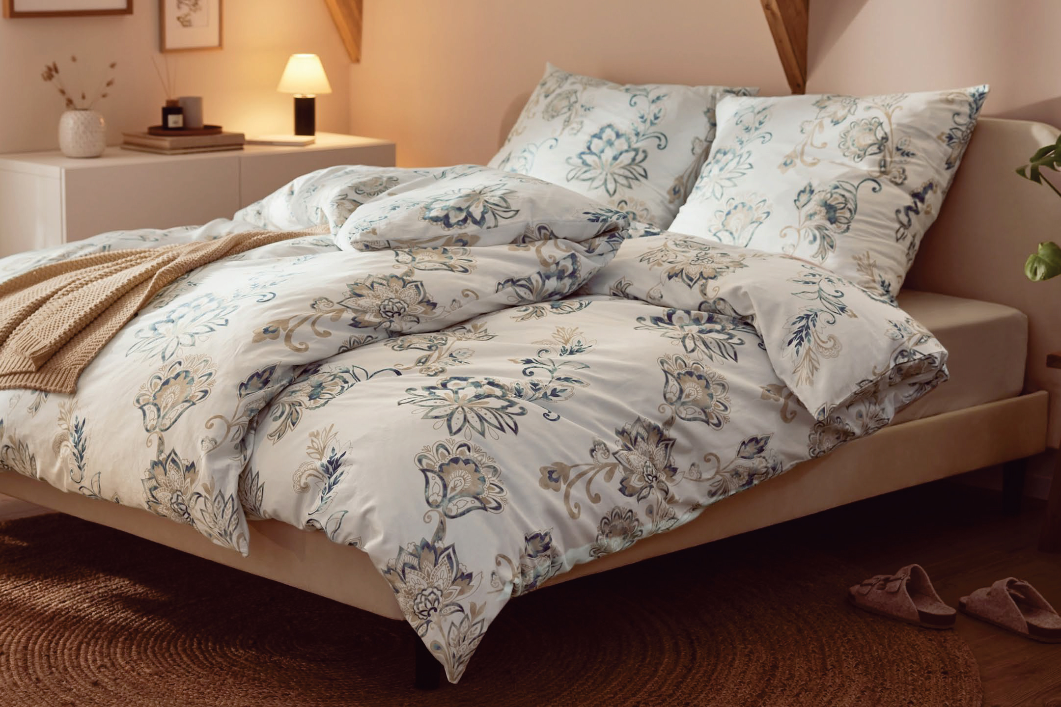 Спалня с бял спален комплект с флорални мотиви, нощно шкафче и лампа.