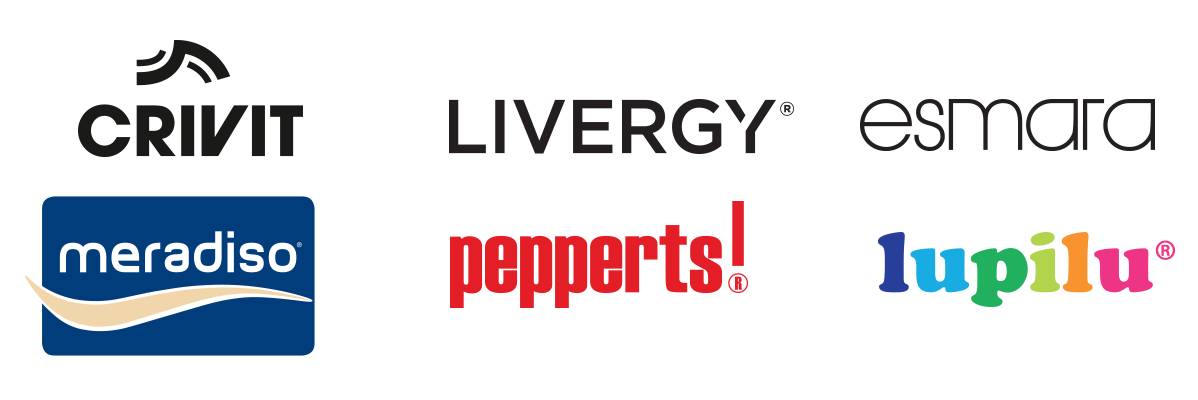 Логота на Lidl: Crivit, Livergy, Esmara, Lupilu, Pepperts!, Meradiso.